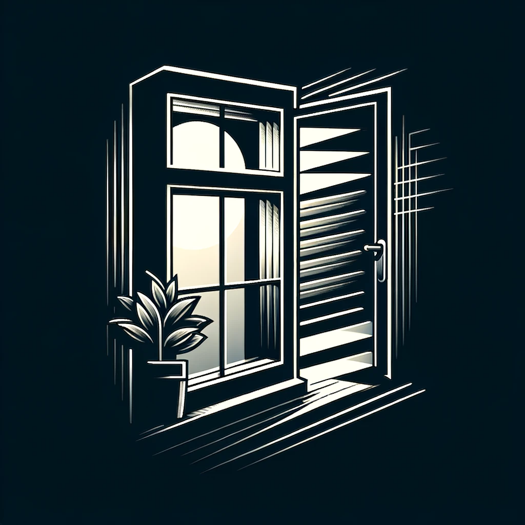 DALL·E 2023 11 18 06.49.02 An illustration of a home window with a dark tint set against a black background. The design of the window should be modern and minimalistic highlig