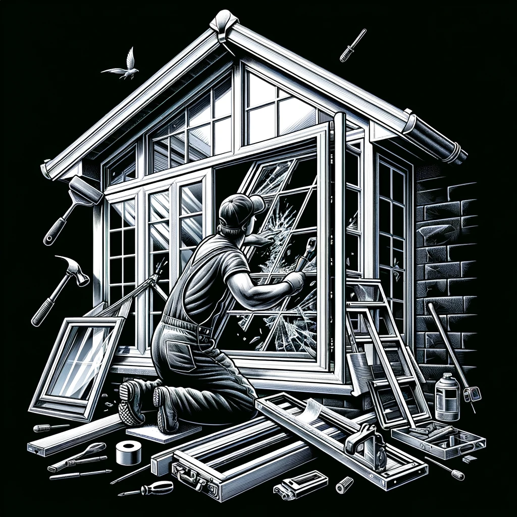 DALL·E 2023 11 18 07.18.38 An illustration depicting home window repair set against a black background. The image should show a detailed scene of a person repairing a window on
