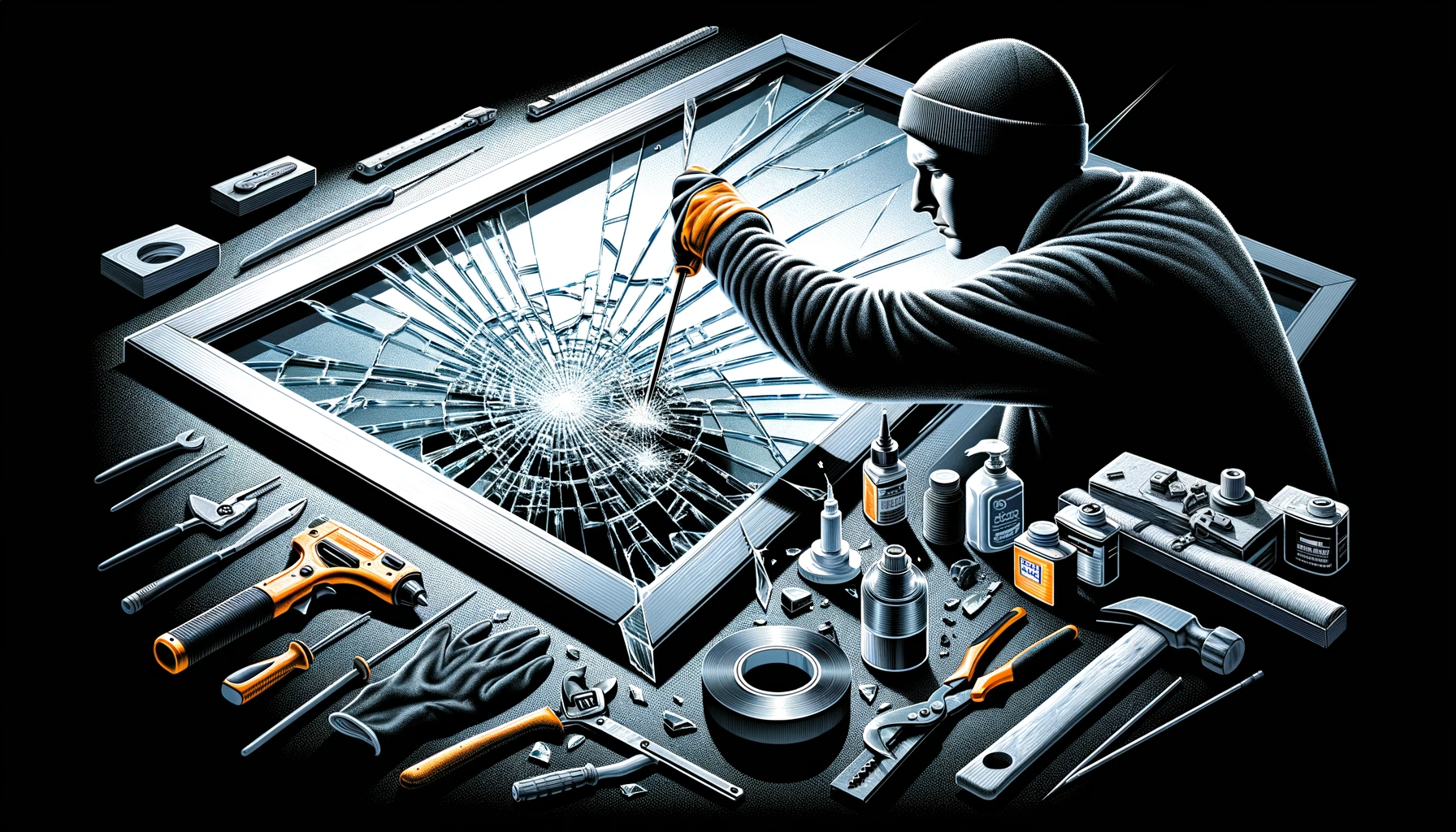 DALL·E 2023 11 18 07.56.45 A wide format illustration depicting the repair of a glass window set against a black background. The scene should focus on a skilled individual enga