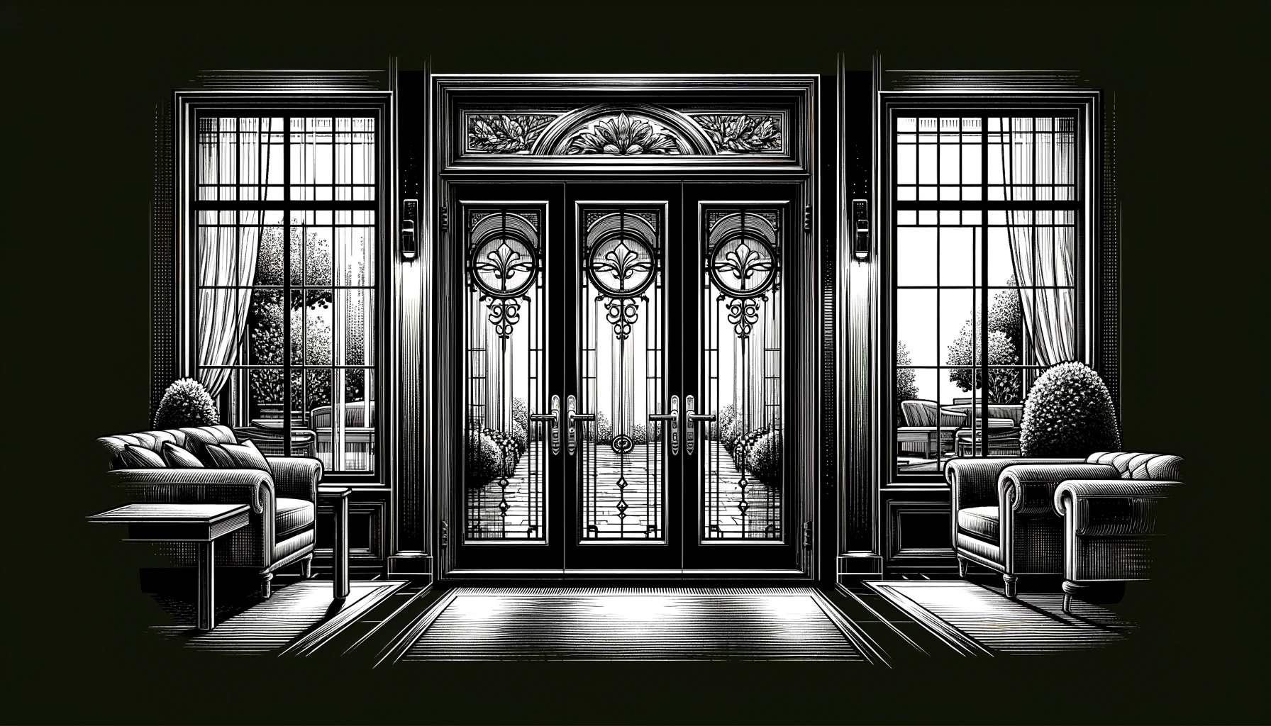 DALL·E 2023 11 18 08.13.54 A wide format illustration of a double door window design set against a black background. The design should feature a sophisticated and elegant doubl