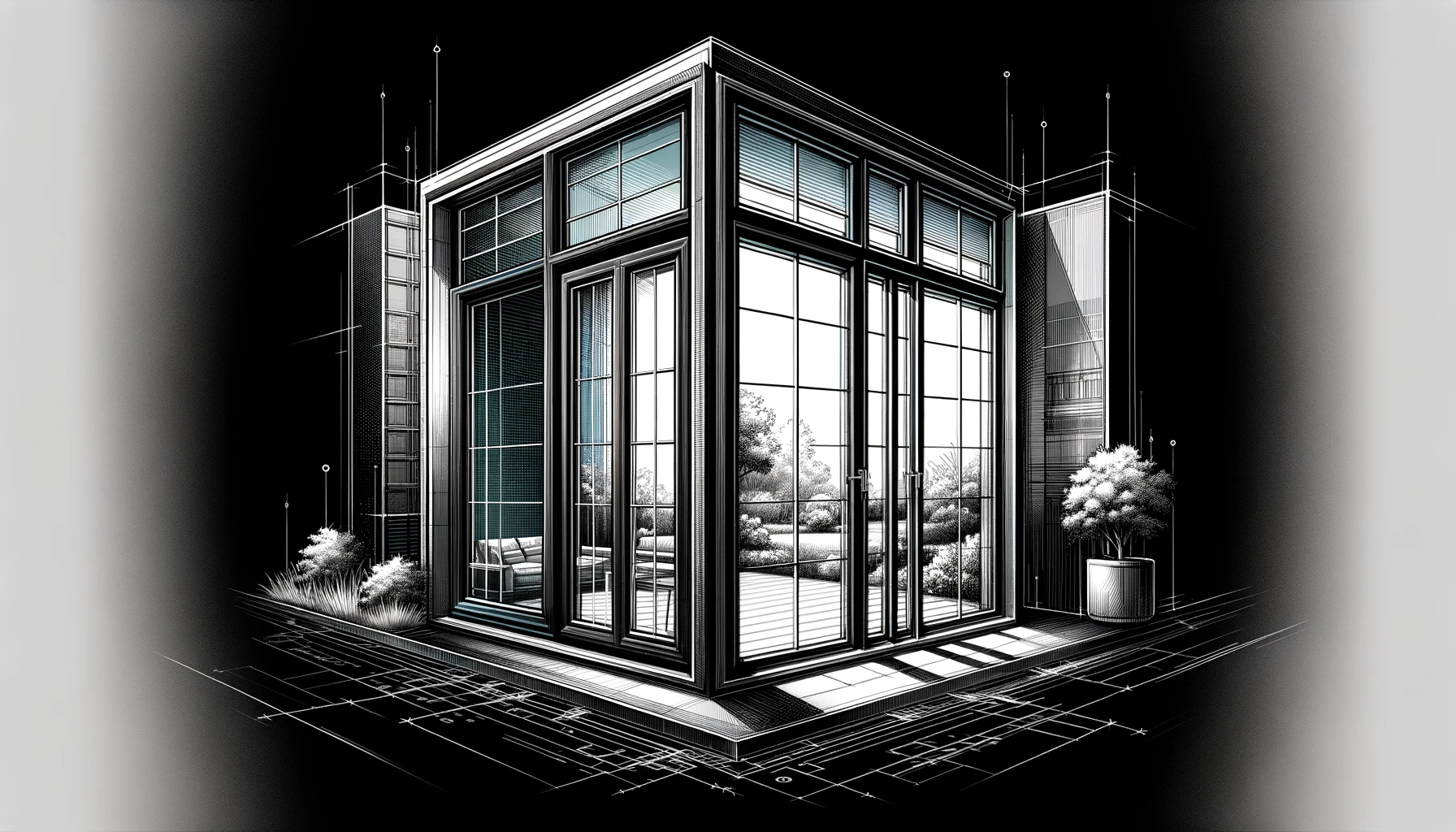DALL·E 2023 11 19 04.38.07 A wide format illustration of a new modern window design for a home set against a black background. The window should feature a contemporary and inn