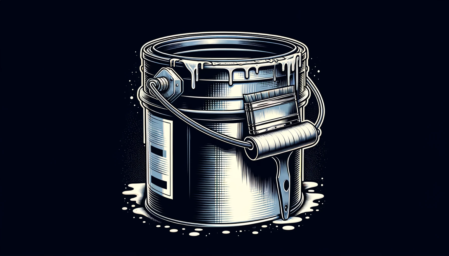 DALL·E 2023 11 19 04.51.18 A wide format illustration of a paint pail for home use set against a black background. The paint pail should be designed to look modern and practica