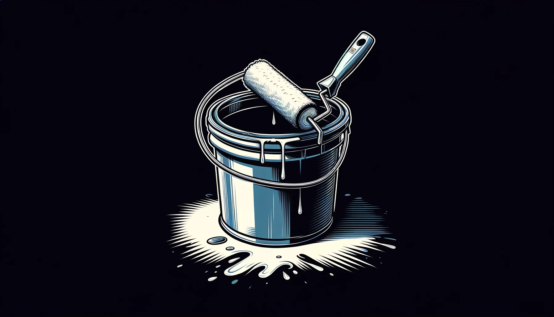 DALL·E 2023 11 19 05.05.16 A wide format illustration of a paint bucket for home use set against a black background. The paint bucket should appear sturdy and functional possi